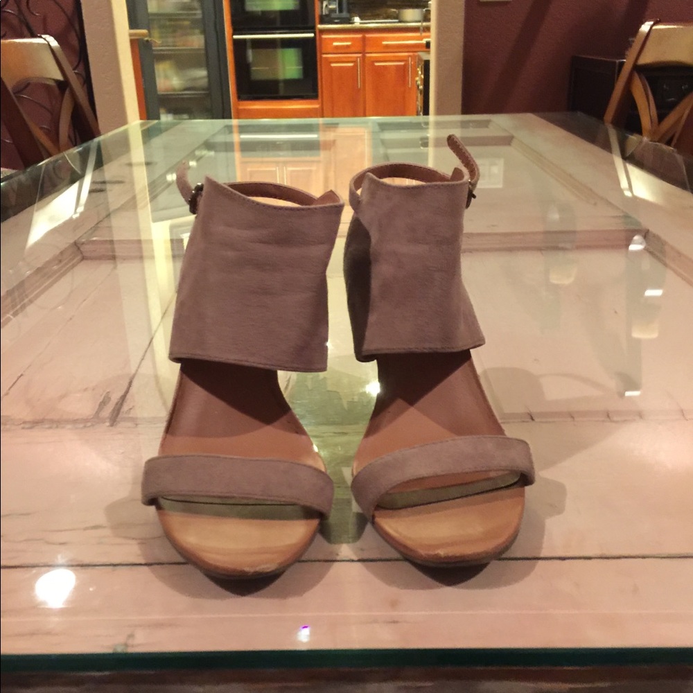 Tan suede look wood wedge heel